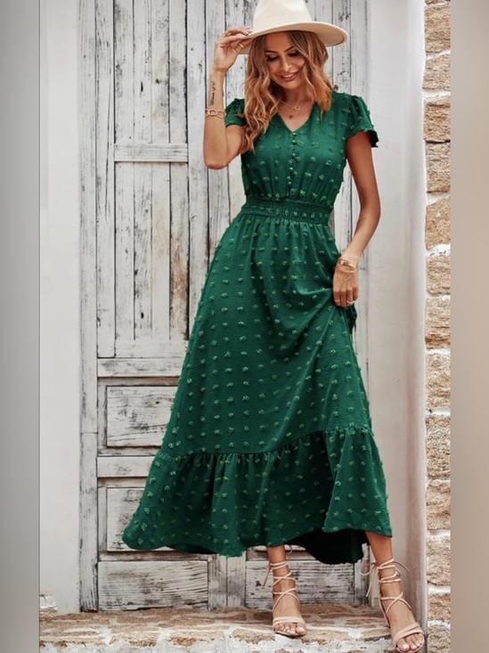 PrettyGarden Dresses & Skirts - Smocked Waist Green Maxi Dress with Textured Dot Detail
